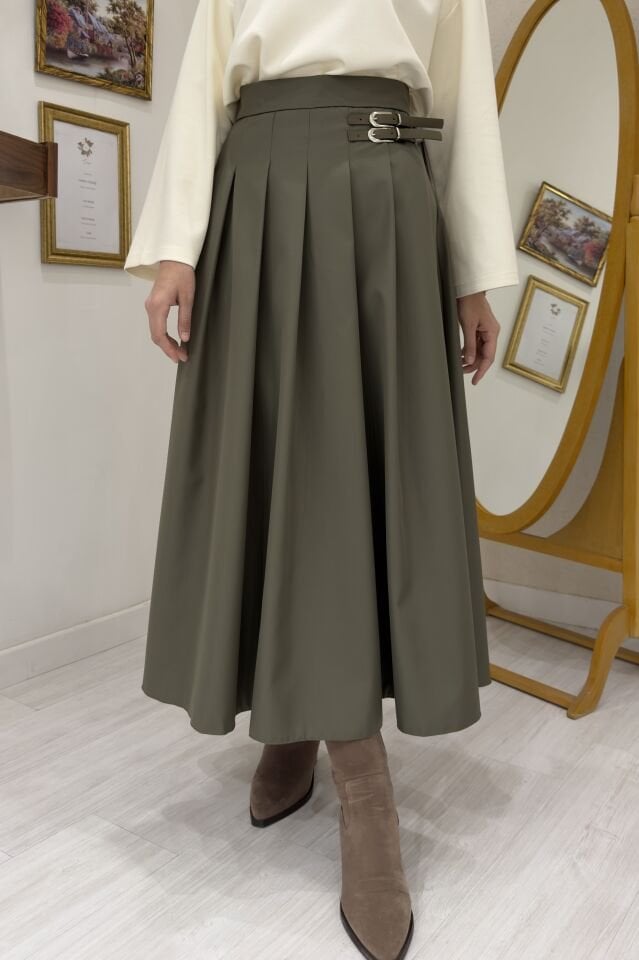 Haki Yeşili Kemer Detaylı Gravia Etek