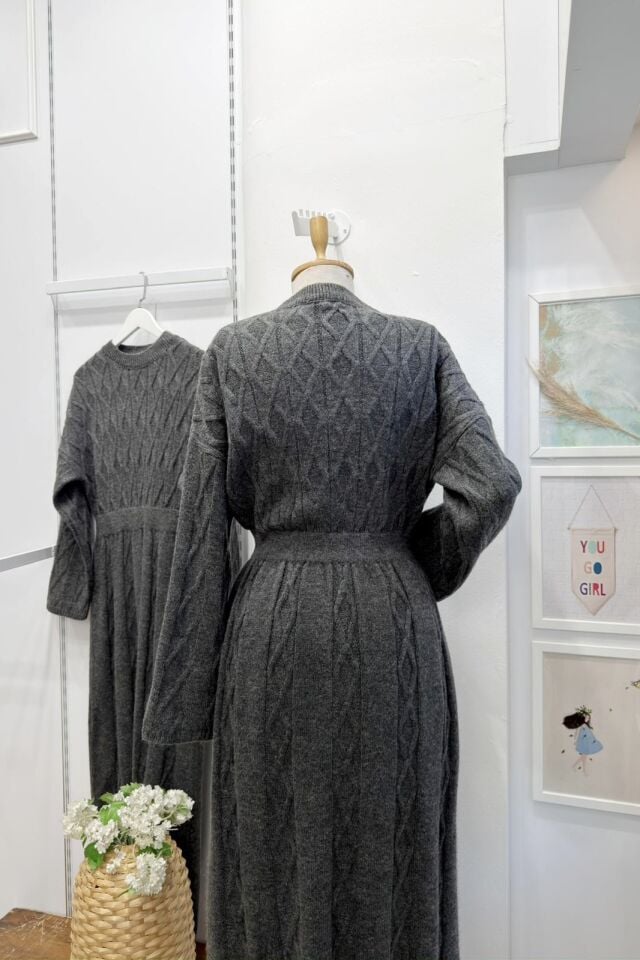 Antrasit Saç Örgülü Triko Elbise