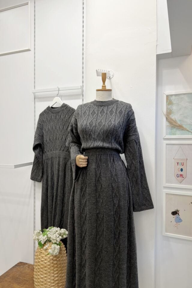 Antrasit Saç Örgülü Triko Elbise