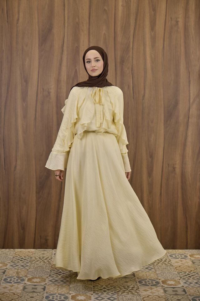 Sarı İspanyol Kol Mimosa Şifon Takım