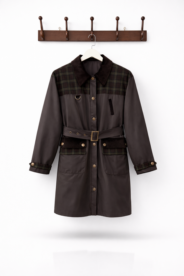 Kahverengi Kuşaklı Ekose Detaylı Carmine Ceket