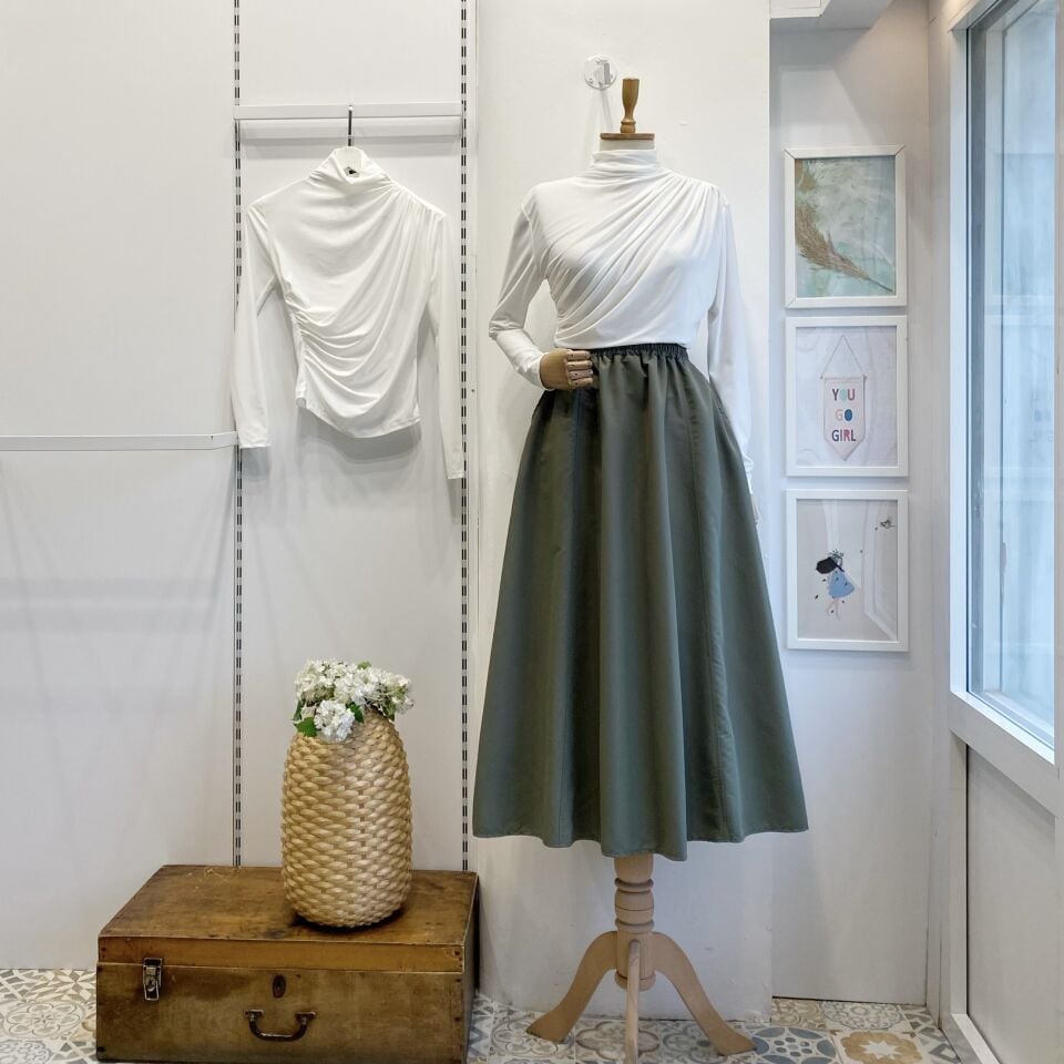 Kına Yeşili Beli Lastikli Poplin Etek