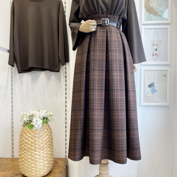 Deri Kemerli Ekoseli Kahverengi Etek