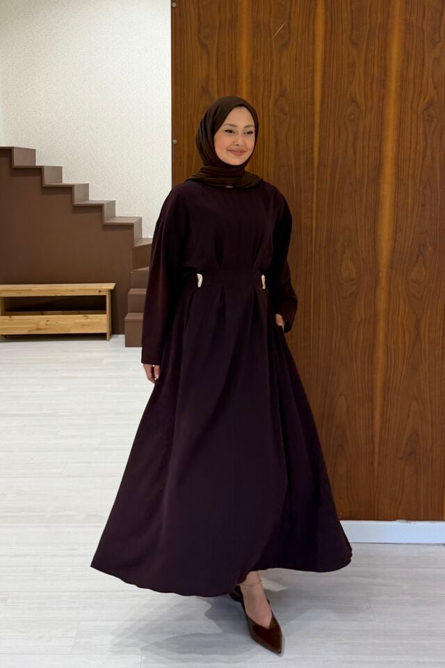 Bordo Crep Kumaş Frise Elbise
