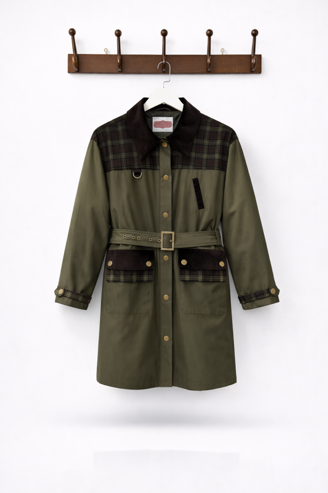 Haki Yeşili Kuşaklı Ekose Detaylı Carmine Ceket