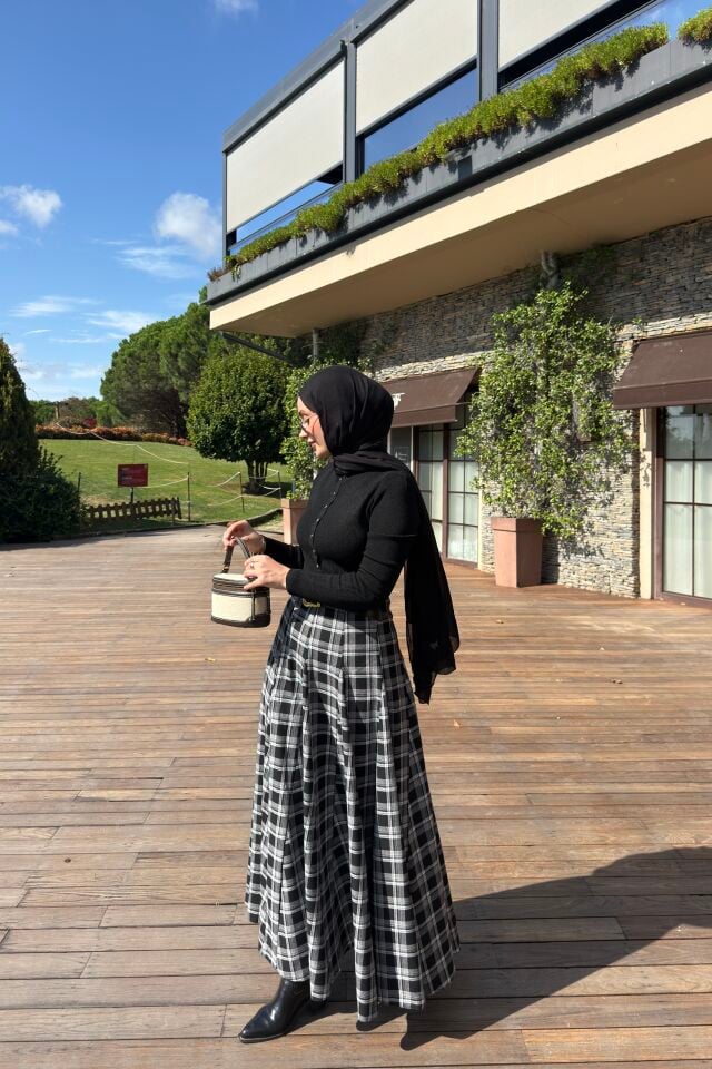 Faya Girls x Siyah Deri Kemerli Ekose Grazia Etek