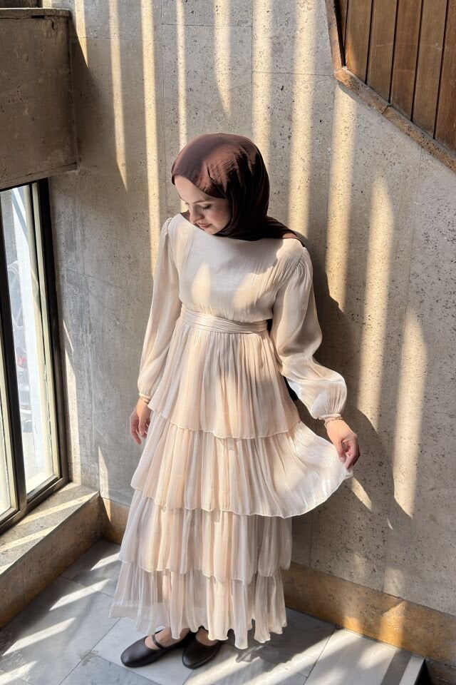 Krem Amber Şifon Elbise