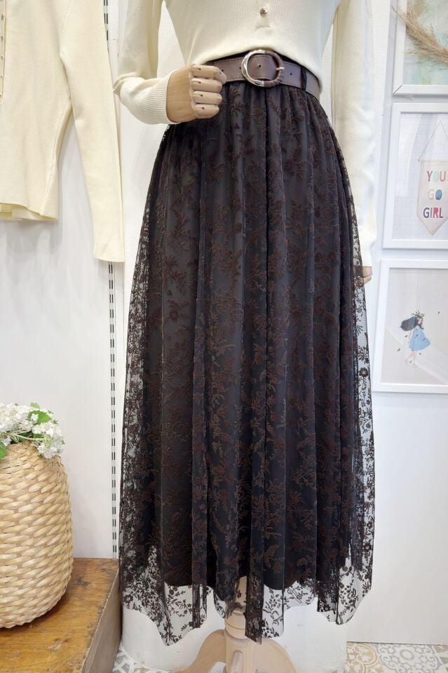 Kahverengi Çiçek İşlemeli Flog Baskı Tül Asimetrik Etek