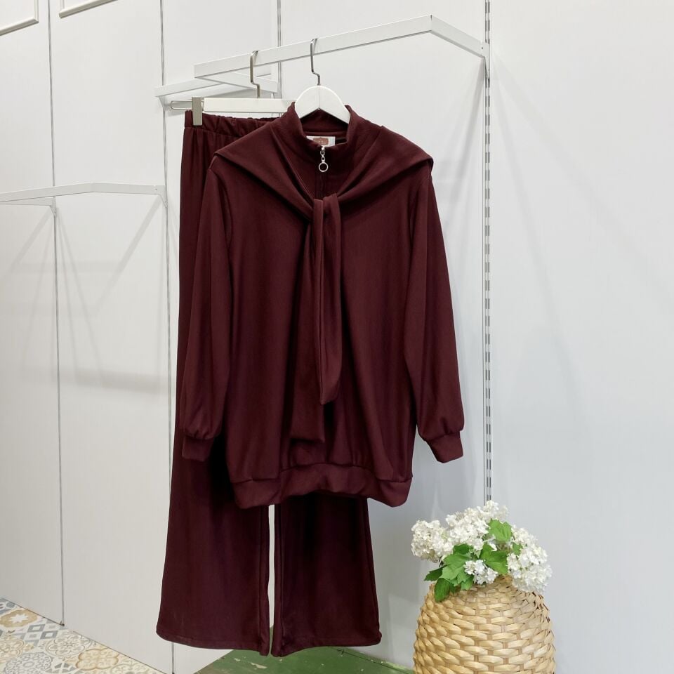 Bordo Pelerin Detaylı Pantolon Takım