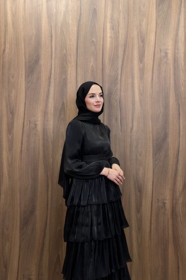 Siyah Amber Şifon Elbise