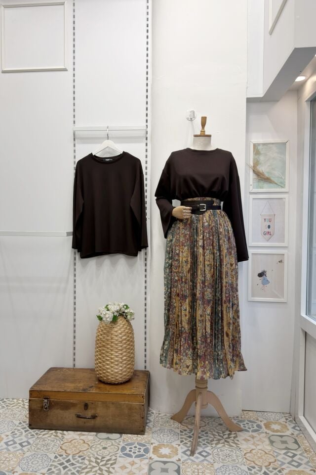 Çiçek Desenli Kalın Kemerli Şifon Etek