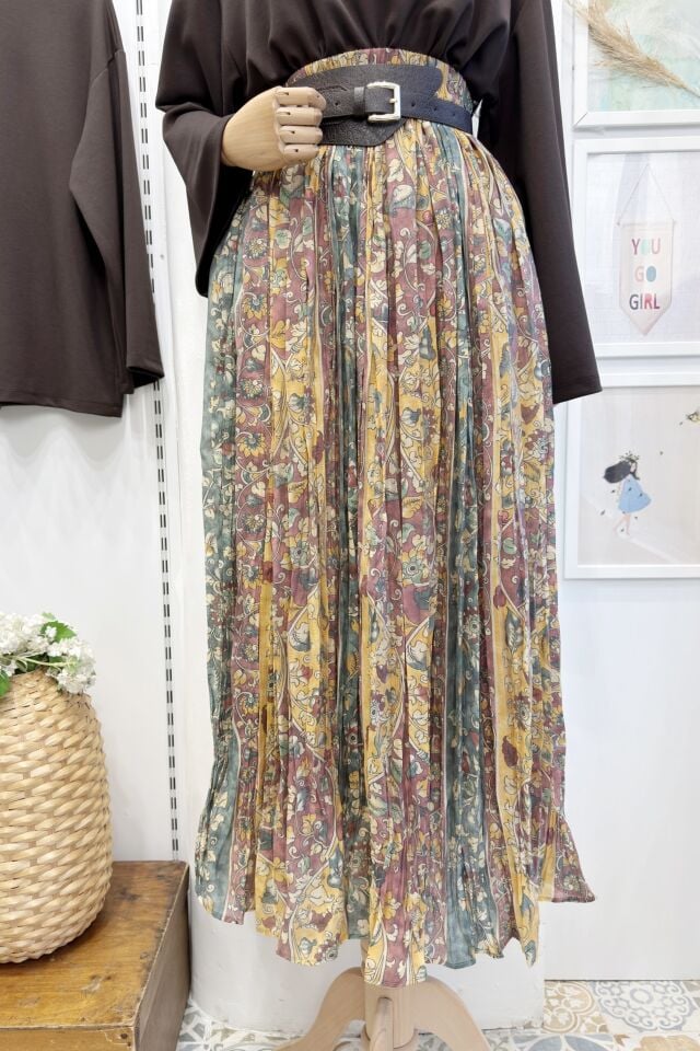 Çiçek Desenli Kalın Kemerli Şifon Etek