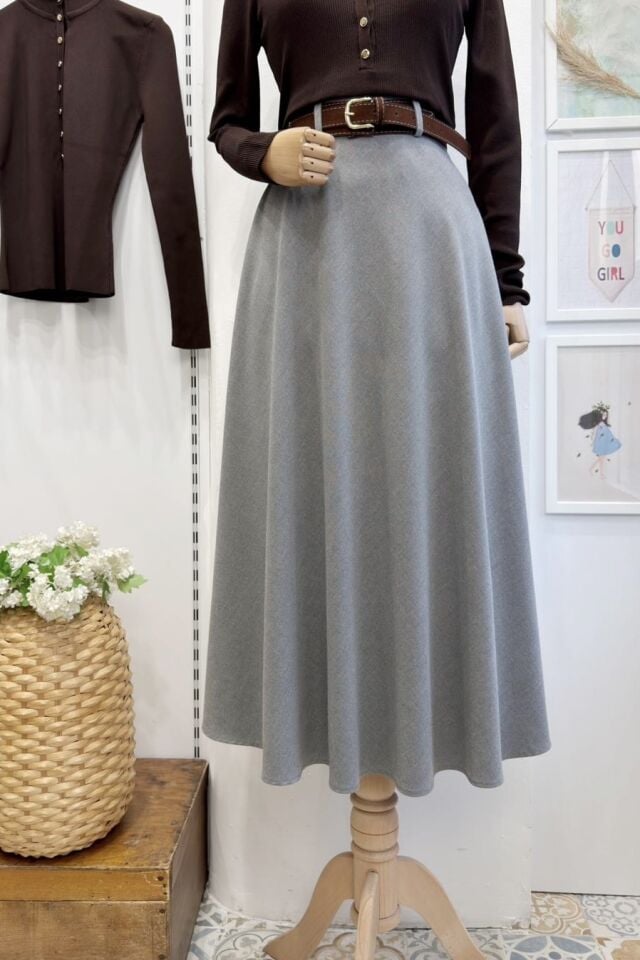 Gri  Kemer Detaylı Maestro Crep Etek