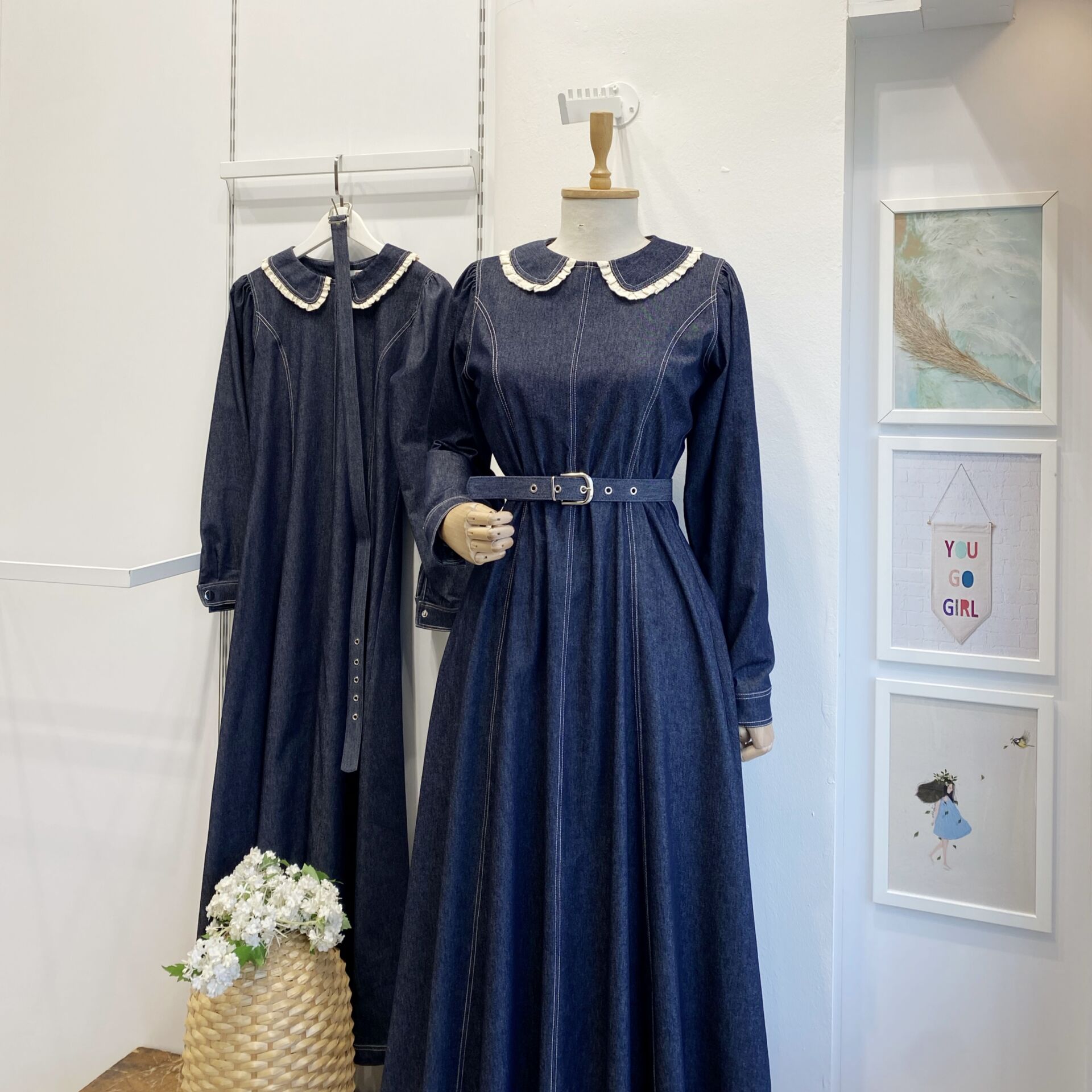 Lacivert Bebe Yakalı Kot Elbise