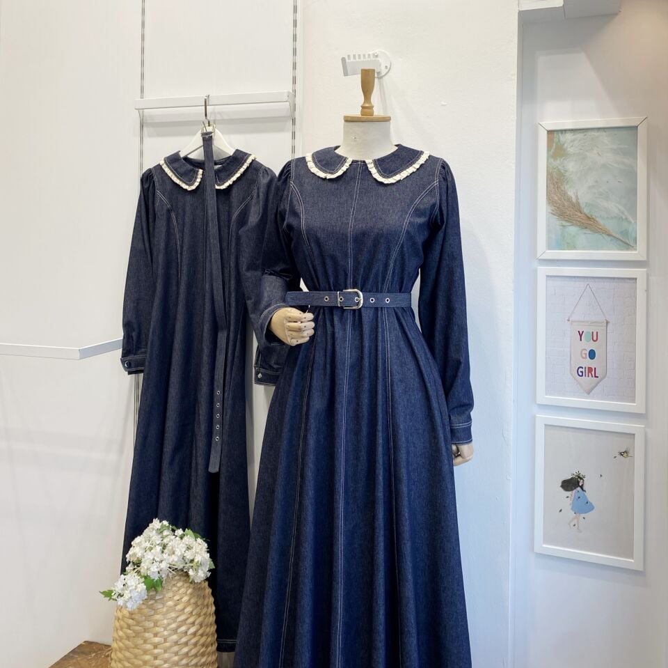 Lacivert Bebe Yakalı Kot Elbise