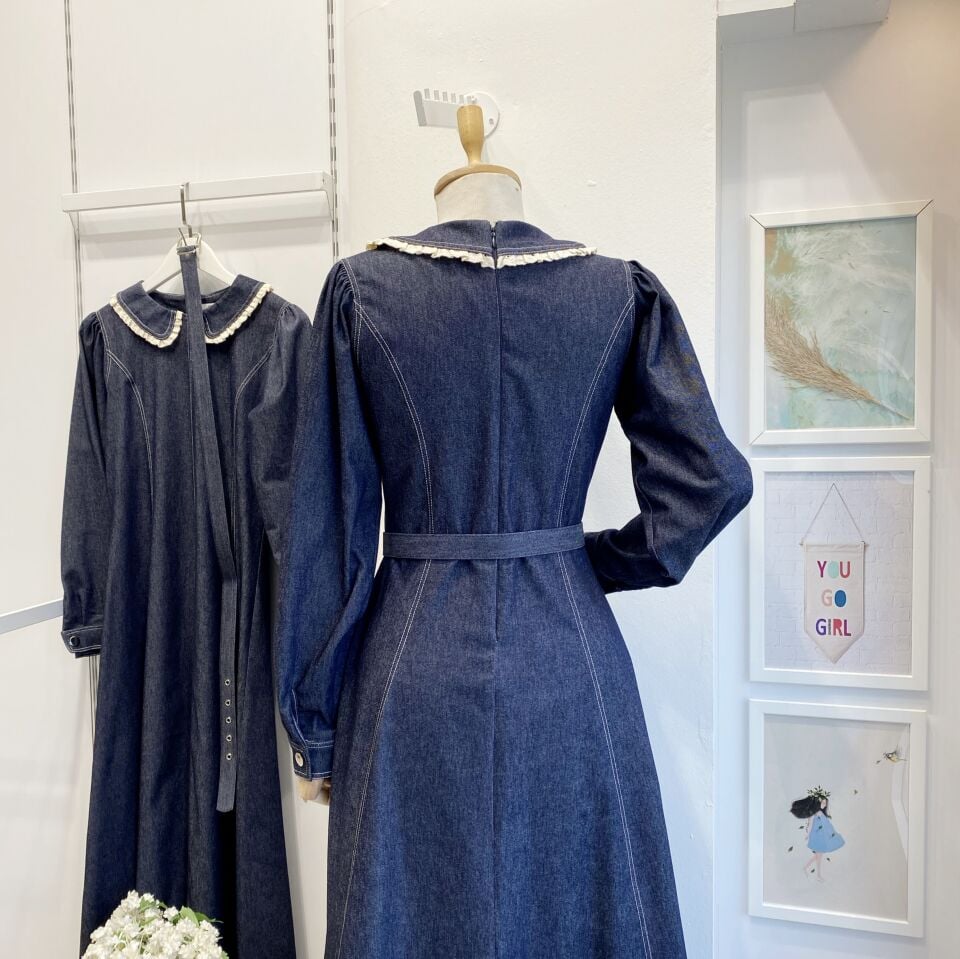 Lacivert Bebe Yakalı Kot Elbise