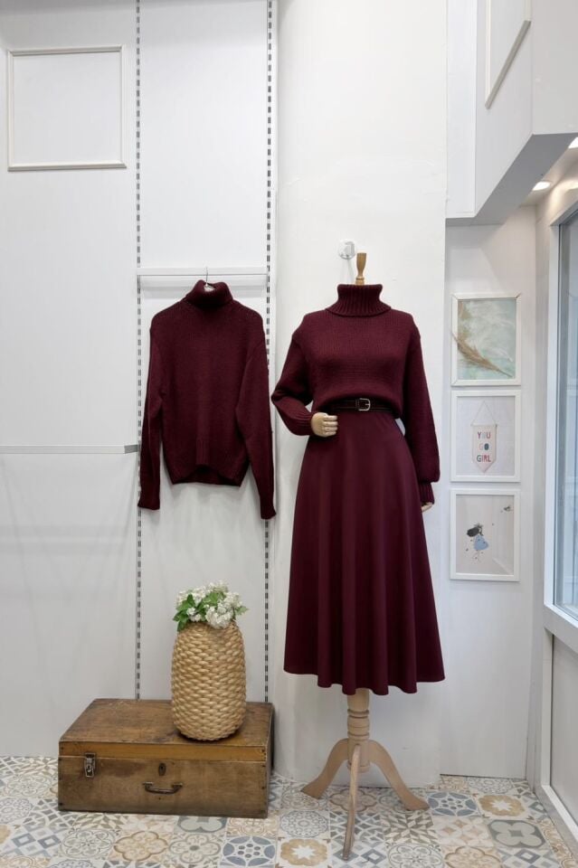 Bordo Kemer Detaylı Maestro Crep Etek