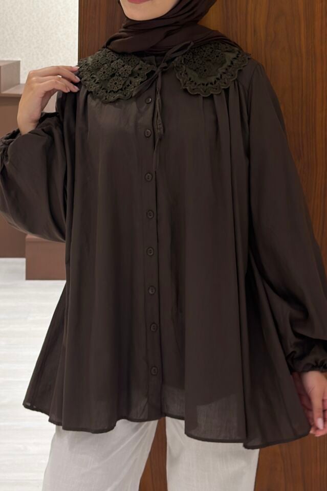 Kahverengi Bellis Yakalı Tunik