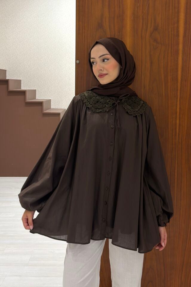 Kahverengi Bellis Yakalı Tunik