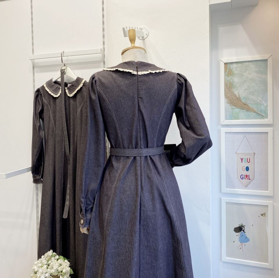 Kahverengi Bebe Yakalı Kot Elbise