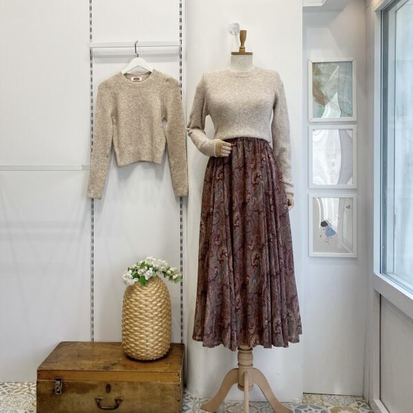 Beli Lastikli Kahverengi Şal Desen Şifon Etek