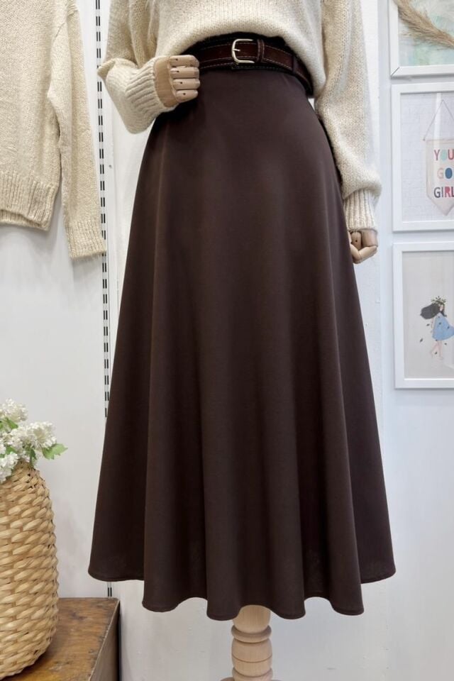 Kahverengi Kemer Detaylı Maestro Crep Etek