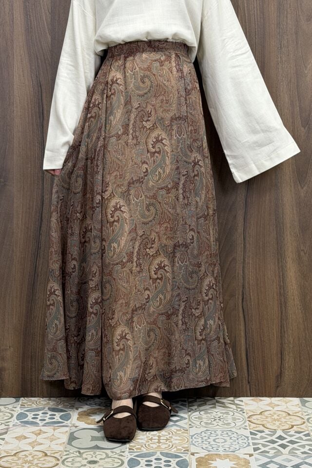 Beli Lastikli Kahverengi Şal Desen Şifon Etek
