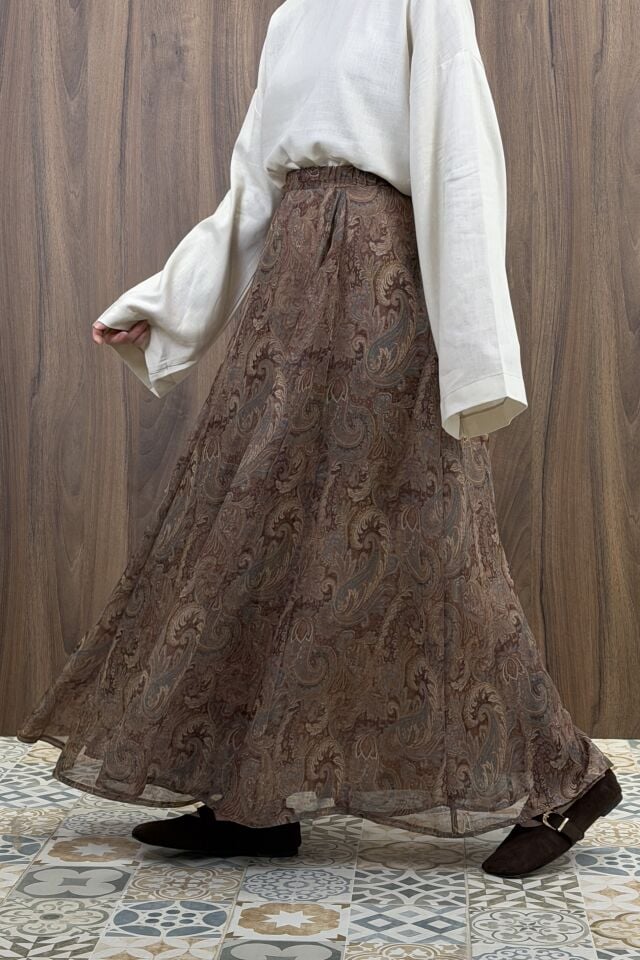 Beli Lastikli Kahverengi Şal Desen Şifon Etek