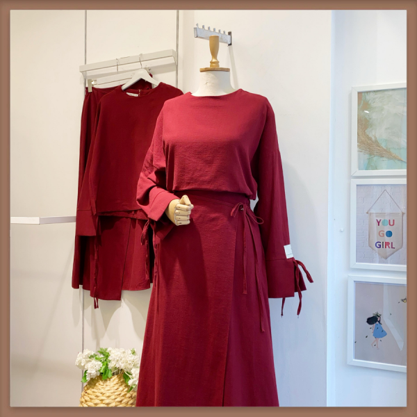 Bordo Vivre  Anvelop Bağcık Detaylı Keten Takım