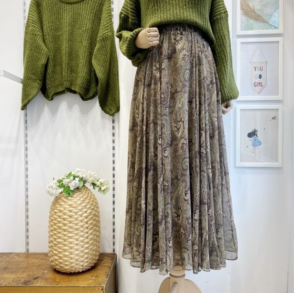 Beli Lastikli Yeşil Şal Desen Şifon Etek