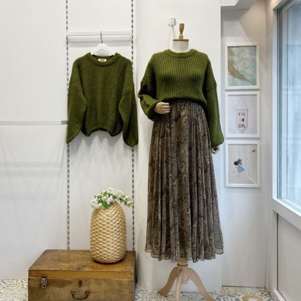 Beli Lastikli Yeşil Şal Desen Şifon Etek