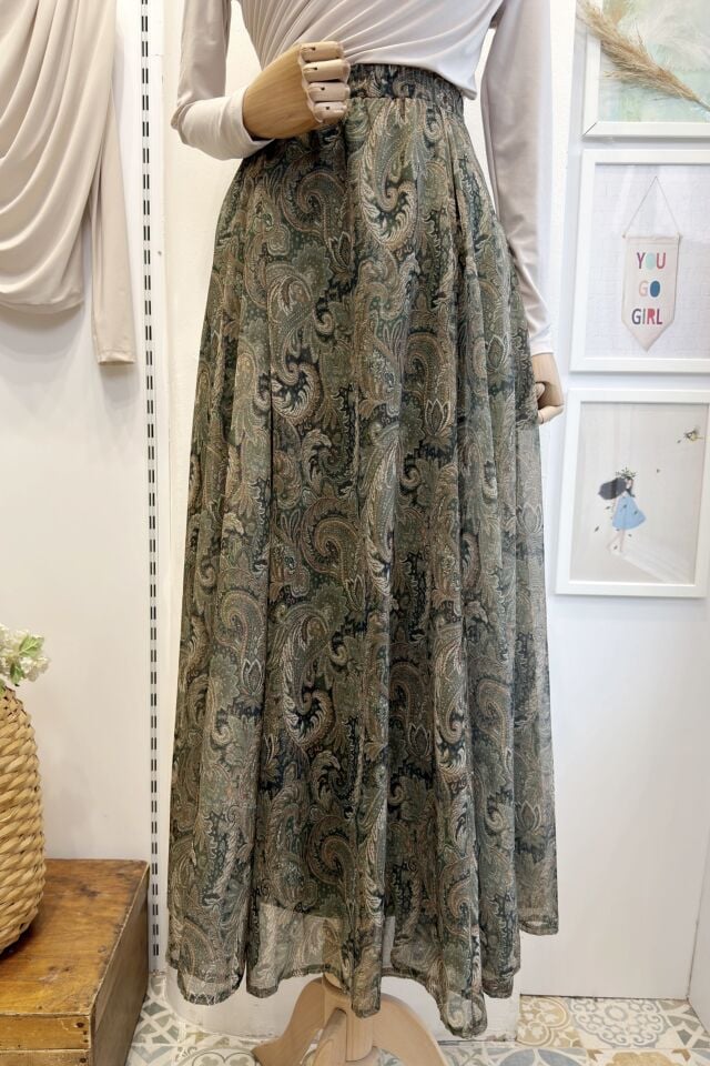 Beli Lastikli Yeşil Şal Desen Şifon Etek