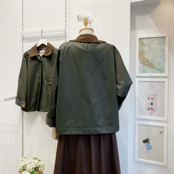 Haki Yeşili Süet Yakalı Ekose Astarlı Ceket