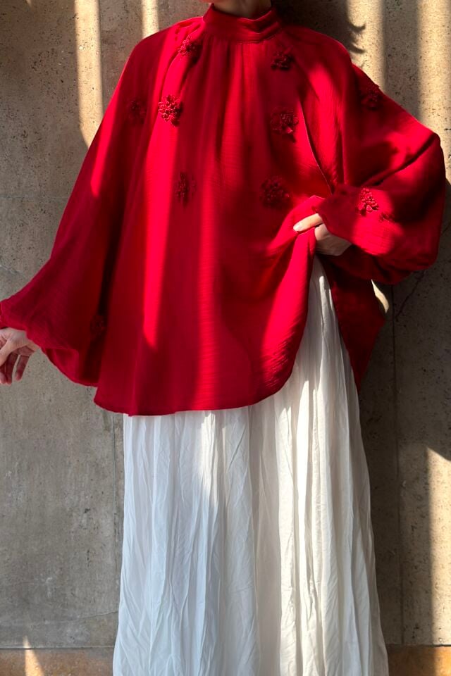 Kırmızı Çiçekli  Talise Balon Kol Müslin Tunik