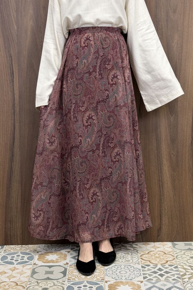 Beli Lastikli Mürdüm Şal Desen Şifon Etek