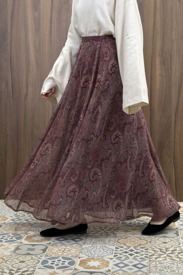 Beli Lastikli Mürdüm Şal Desen Şifon Etek