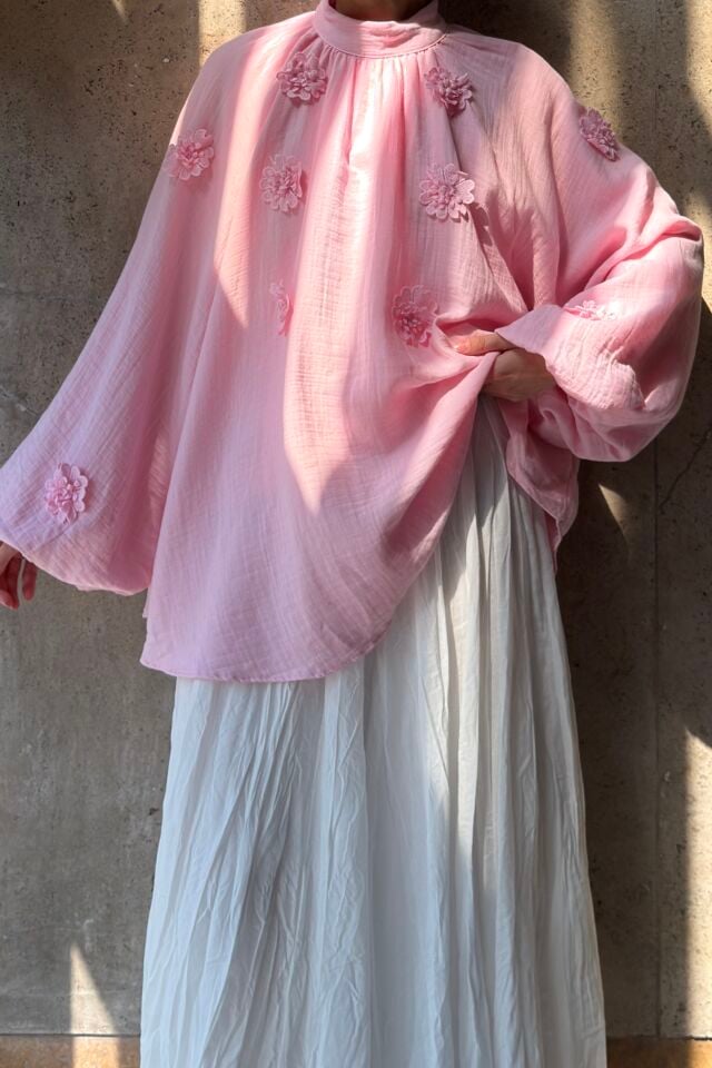 Pembe Çiçekli  Talise Balon Kol Müslin Tunik