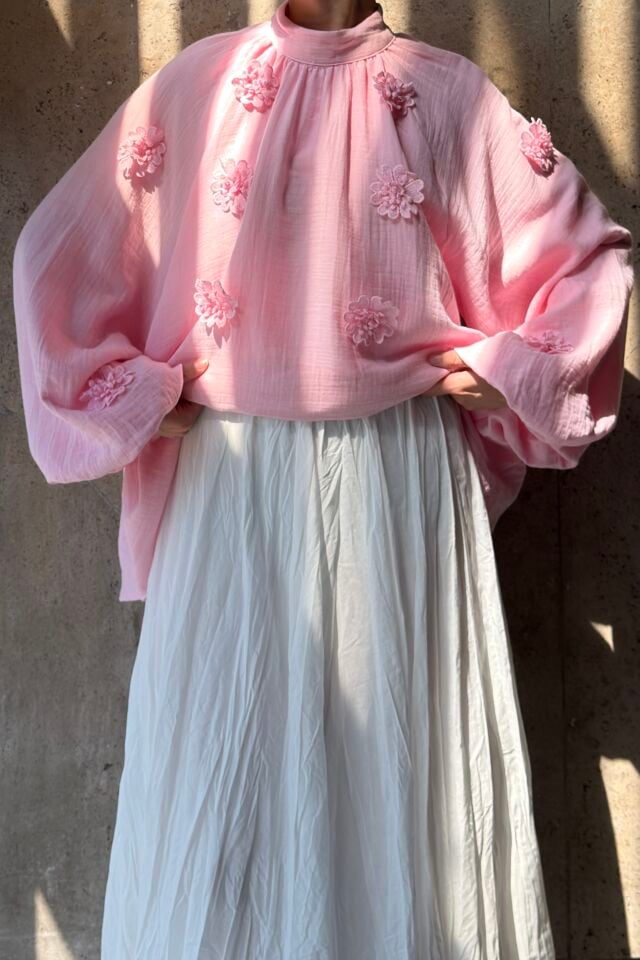 Pembe Çiçekli  Talise Balon Kol Müslin Tunik