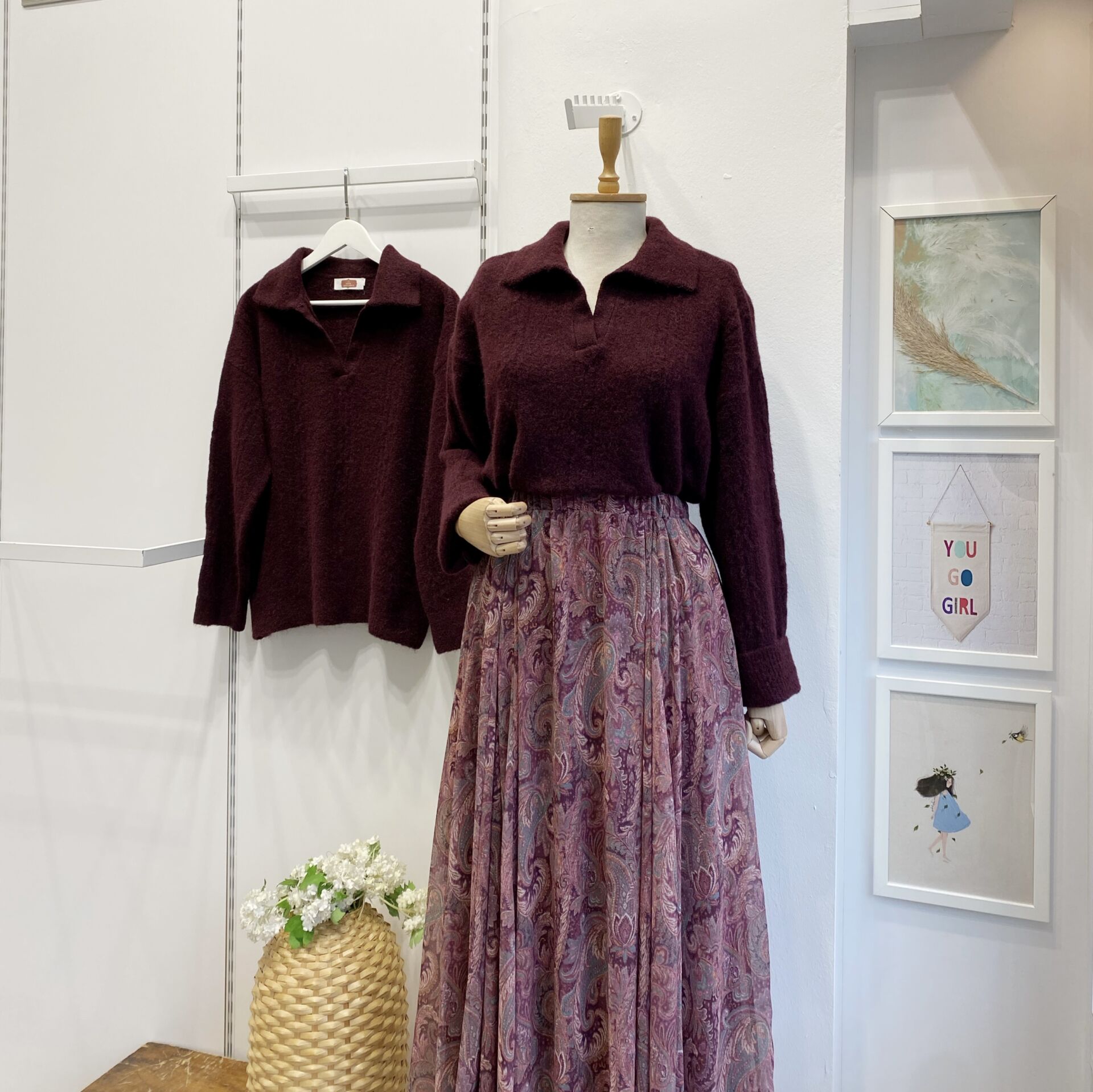 Bordo Polo Yaka Saç Örgülü Kazak