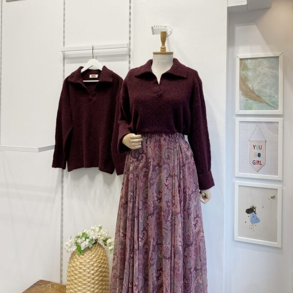 Bordo Polo Yaka Saç Örgülü Kazak