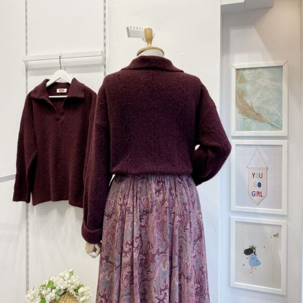 Bordo Polo Yaka Saç Örgülü Kazak