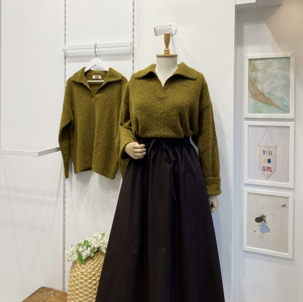 Yağ Yeşili Polo Yaka Saç Örgülü Kazak