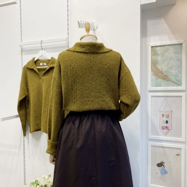 Yağ Yeşili Polo Yaka Saç Örgülü Kazak