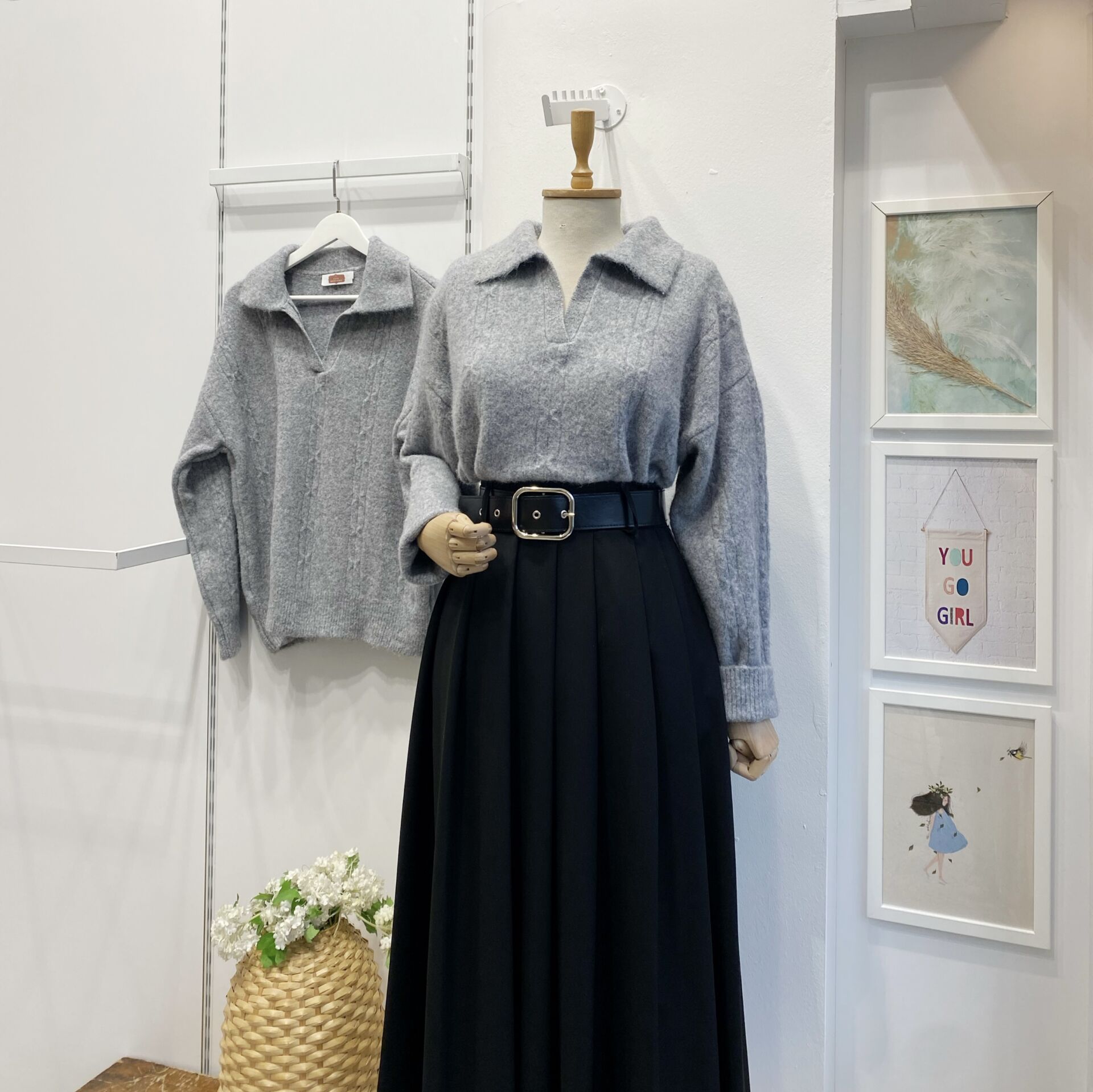 Gri Polo Yaka Saç Örgülü Kazak