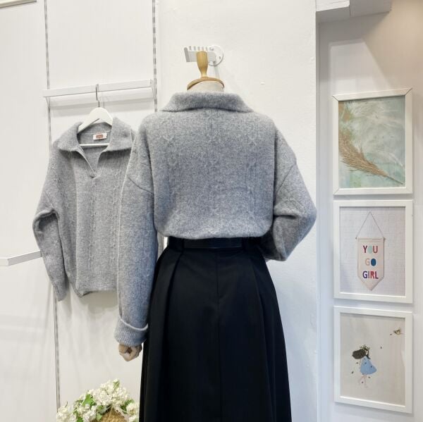 Gri Polo Yaka Saç Örgülü Kazak