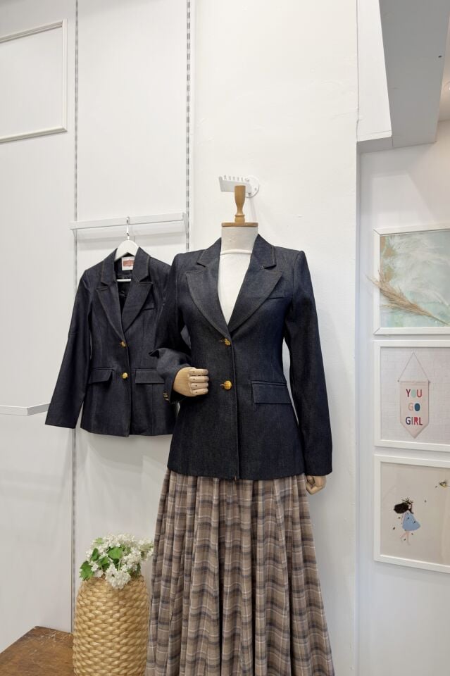 Lacivert Gold Düğme Detaylı Blazer Kot Ceket