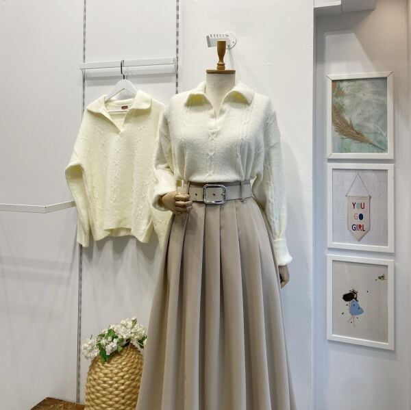 Ekru Polo Yaka Saç Örgülü Kazak