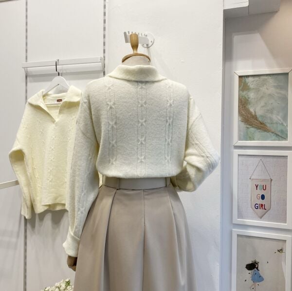 Ekru Polo Yaka Saç Örgülü Kazak