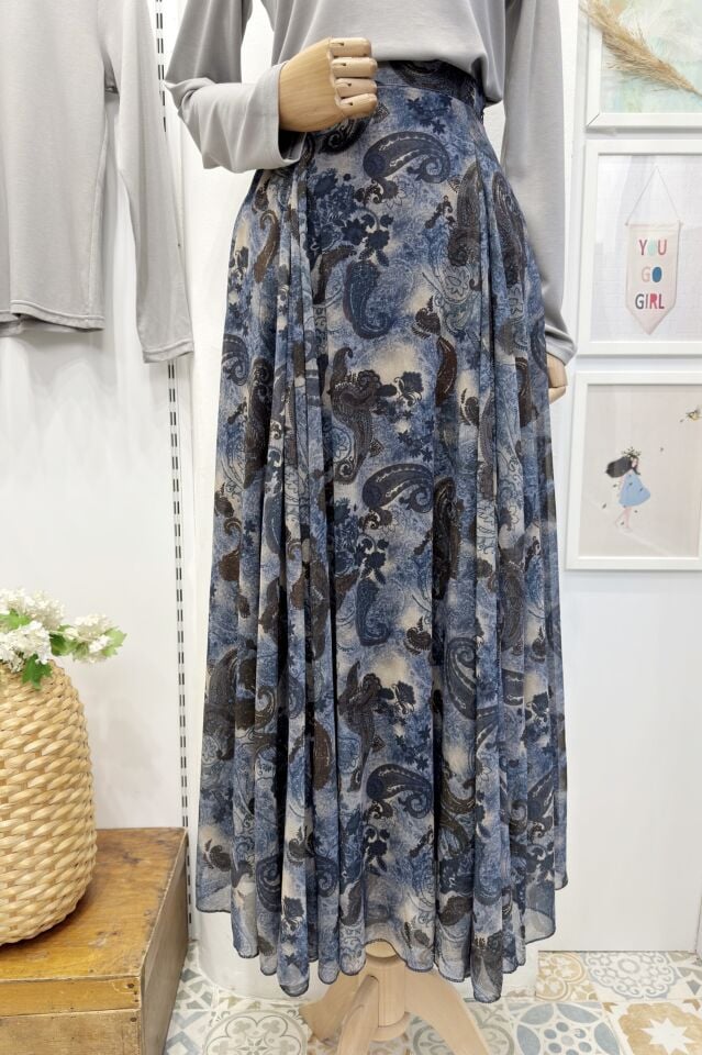 Lacivert Desenli Veronica Şifon Etek