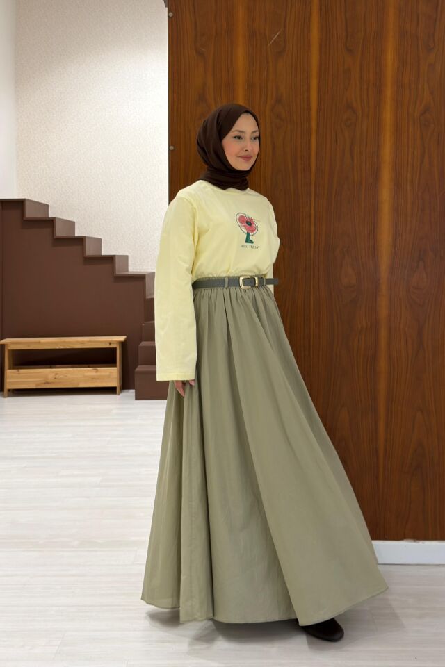Çağla Yeşili Ceinture Kemerli Keten Etek